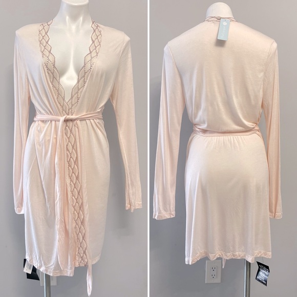 NWT EBERJEY Mabel Wrap Front Jersey Robe with Wide Lace Trim Pink Peach L Large - Picture 4 of 15